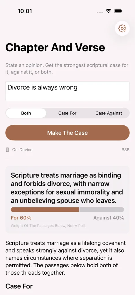 Chapter And Verse on an iPhone: an opinion typed at the top, and the scriptural case for it below with the verses quoted in full.