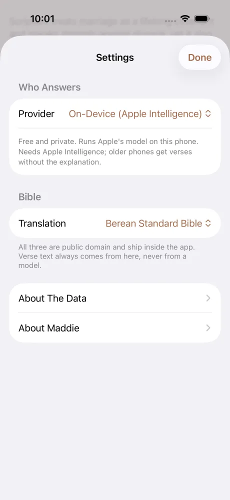 Settings: the on-device Apple Intelligence model answers by default, and the Bible translation can be switched between three public-domain texts.