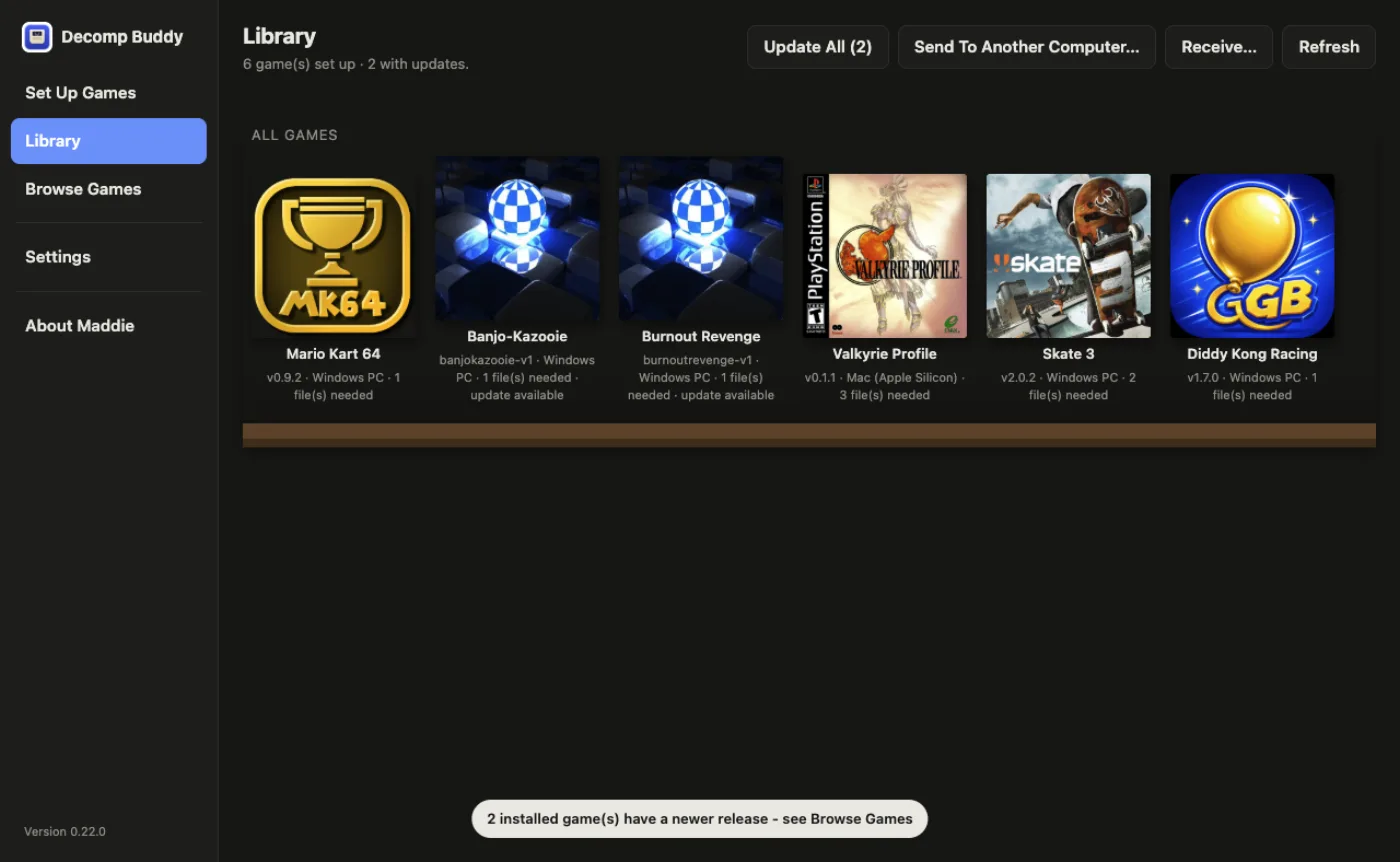 The Decomp Buddy library: installed games as a grid of covers, ready to launch.