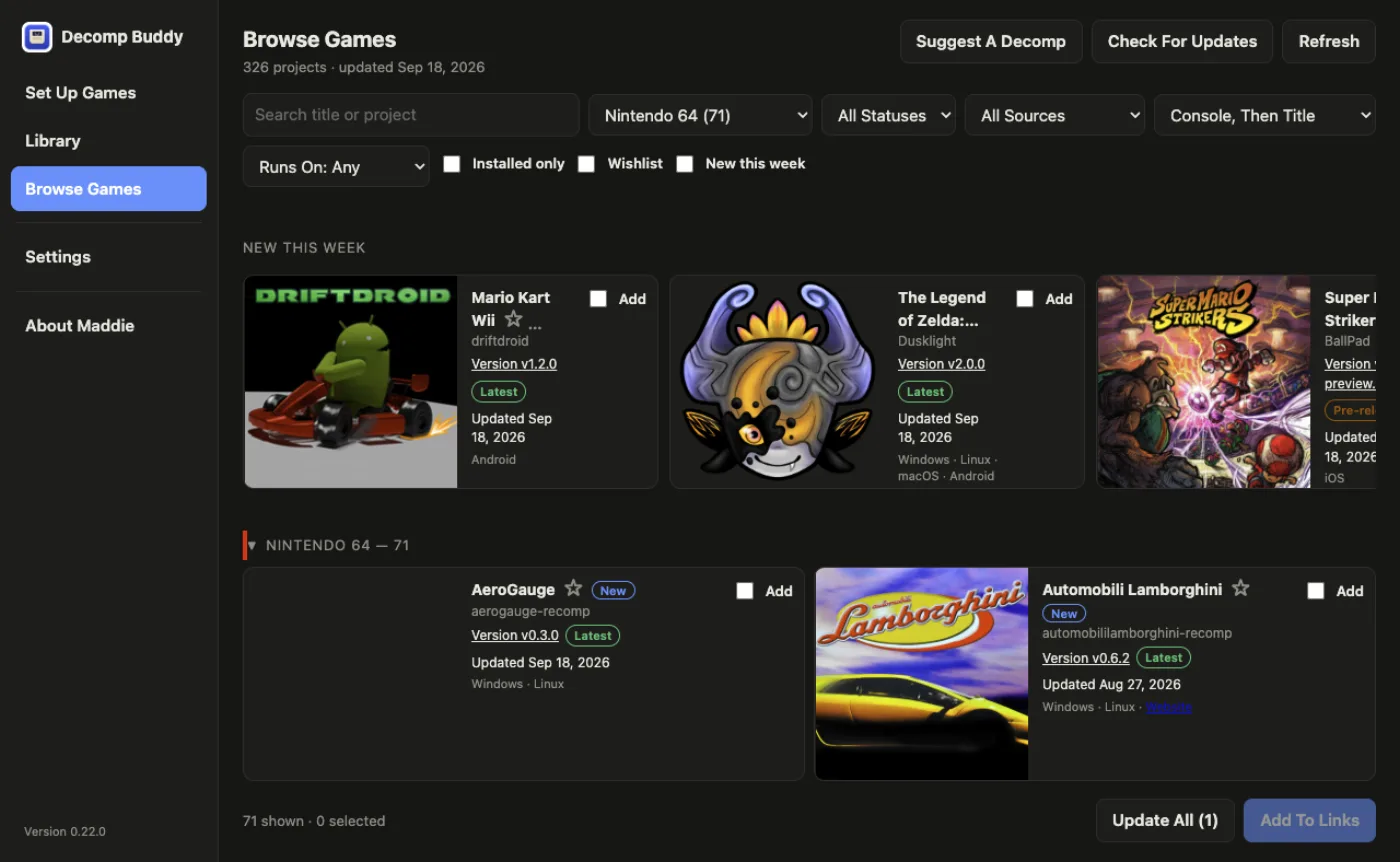 The game browser, listing decompilation projects you can install from a GitHub link.