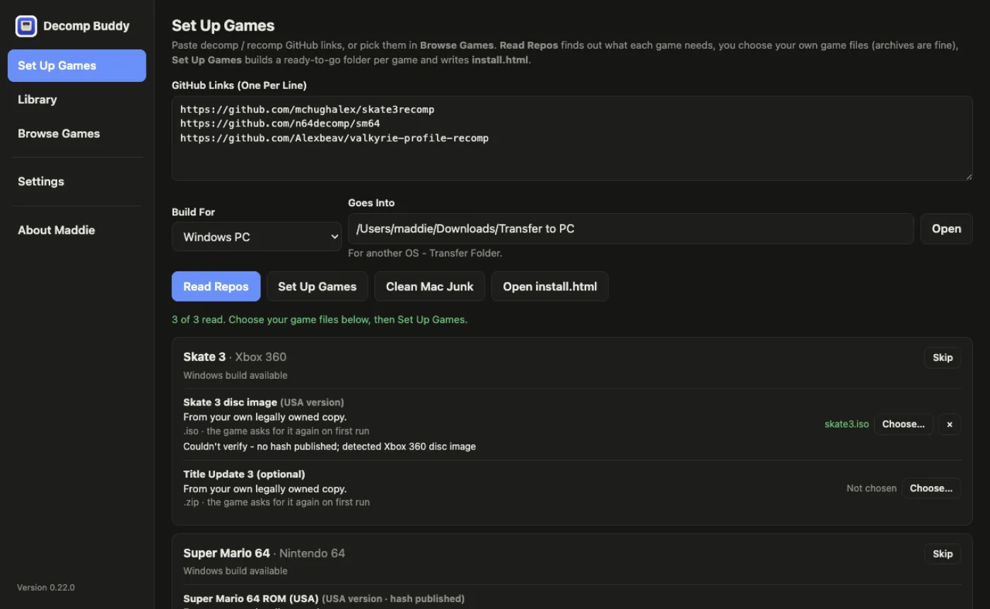 Set Up Games: GitHub links pasted one per line, a target platform picked, and Decomp Buddy reading each project's instructions and listing what it needs from you.