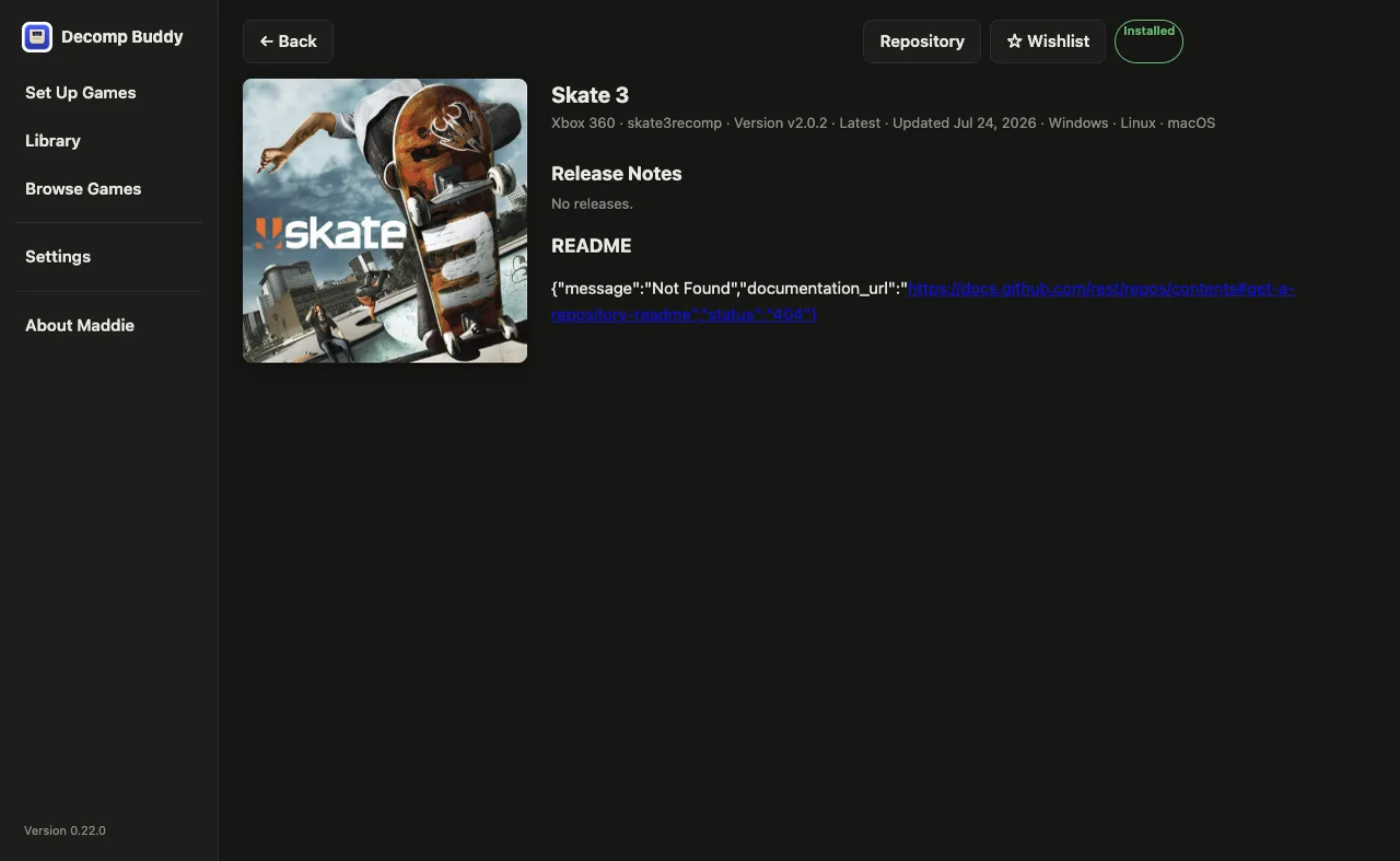 A game's page in the library — Skate 3 from the Xbox 360 decompilation — with its repository, version, platforms and release notes.
