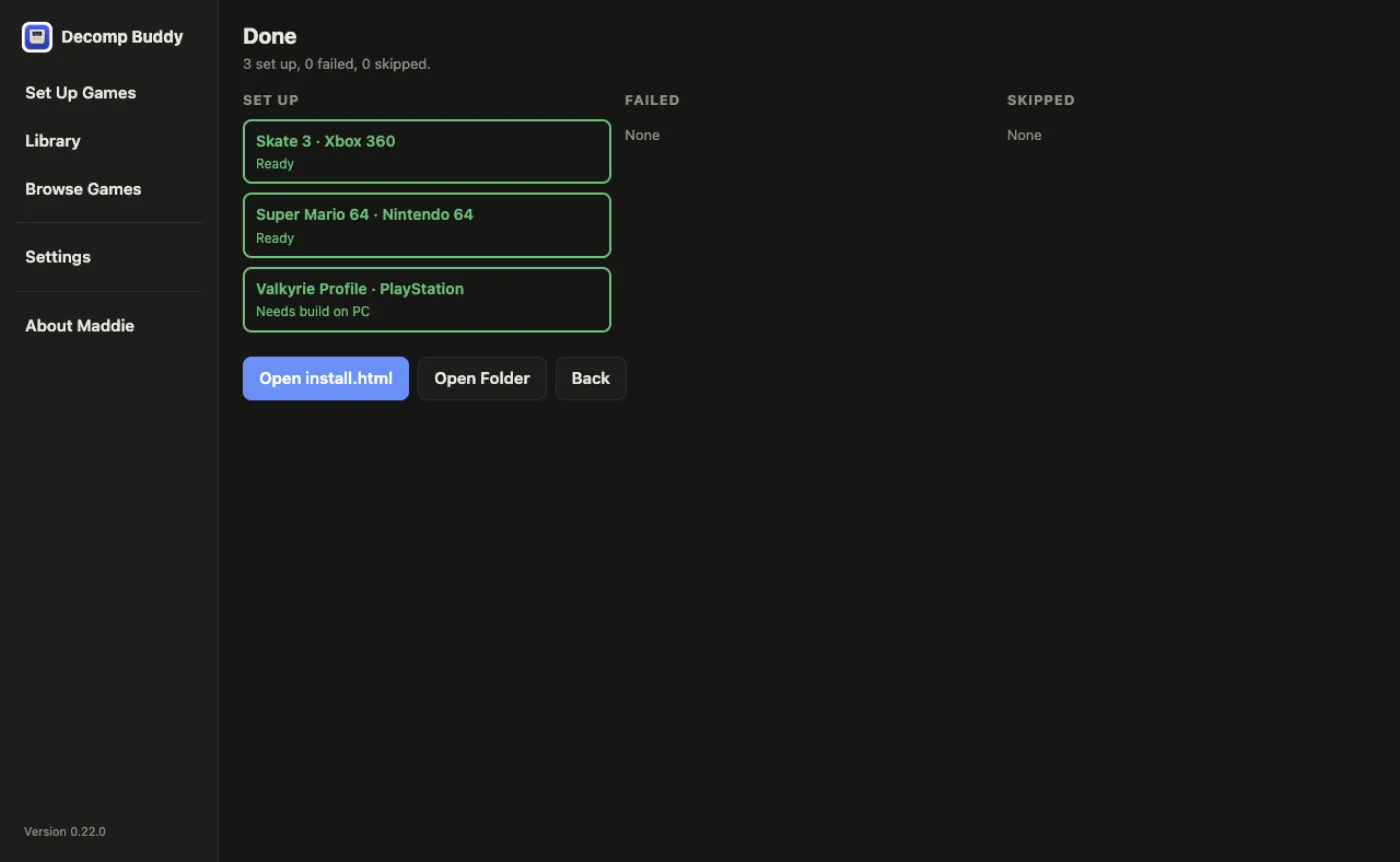 The Done screen: three games set up, none failed, with buttons to open the install notes or the folder.