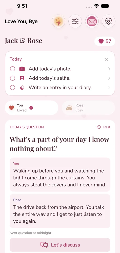Love You, Bye's home screen on an iPhone: today's little to-dos, both moods, and today's question with both answers.