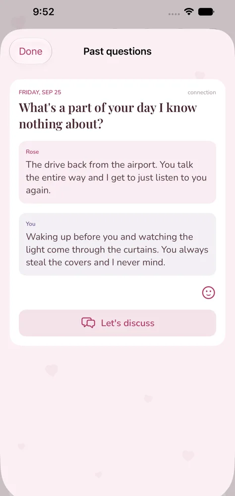 A past question with both partners' answers side by side, and a button to talk it over.