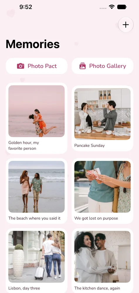 Memories: your photos together, captioned, with the daily photo pact and the full gallery a tap away.