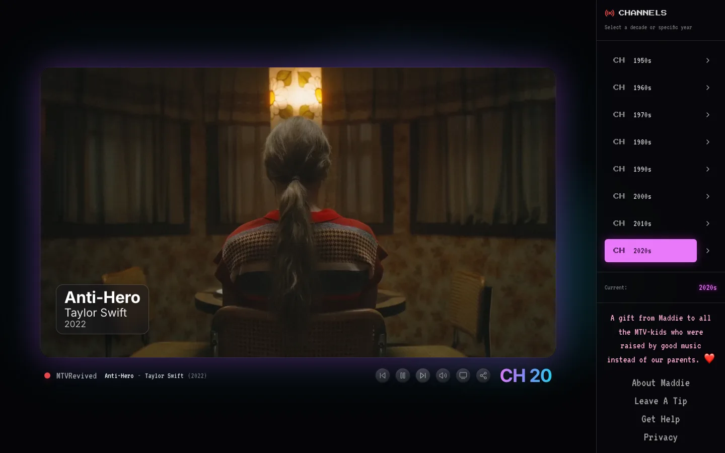 The 2020s channel: no bezel at all, the picture glowing against an aurora of purple and cyan, playing Anti-Hero by Taylor Swift behind a frosted glass caption.