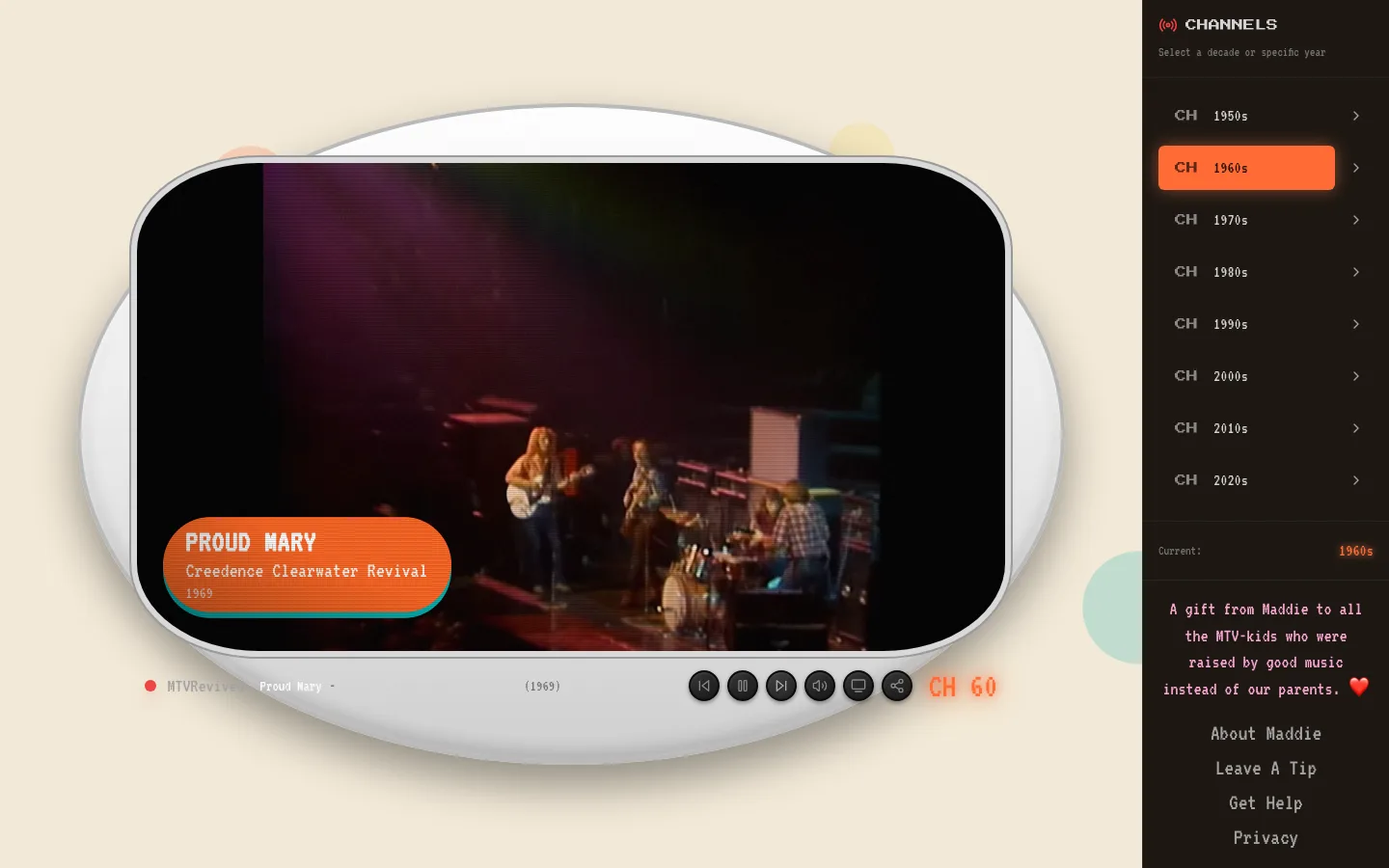 The 1960s channel: a white space-age plastic television, oval like a helmet, playing Proud Mary by Creedence Clearwater Revival. The channel list down the right is picked out in mod orange.