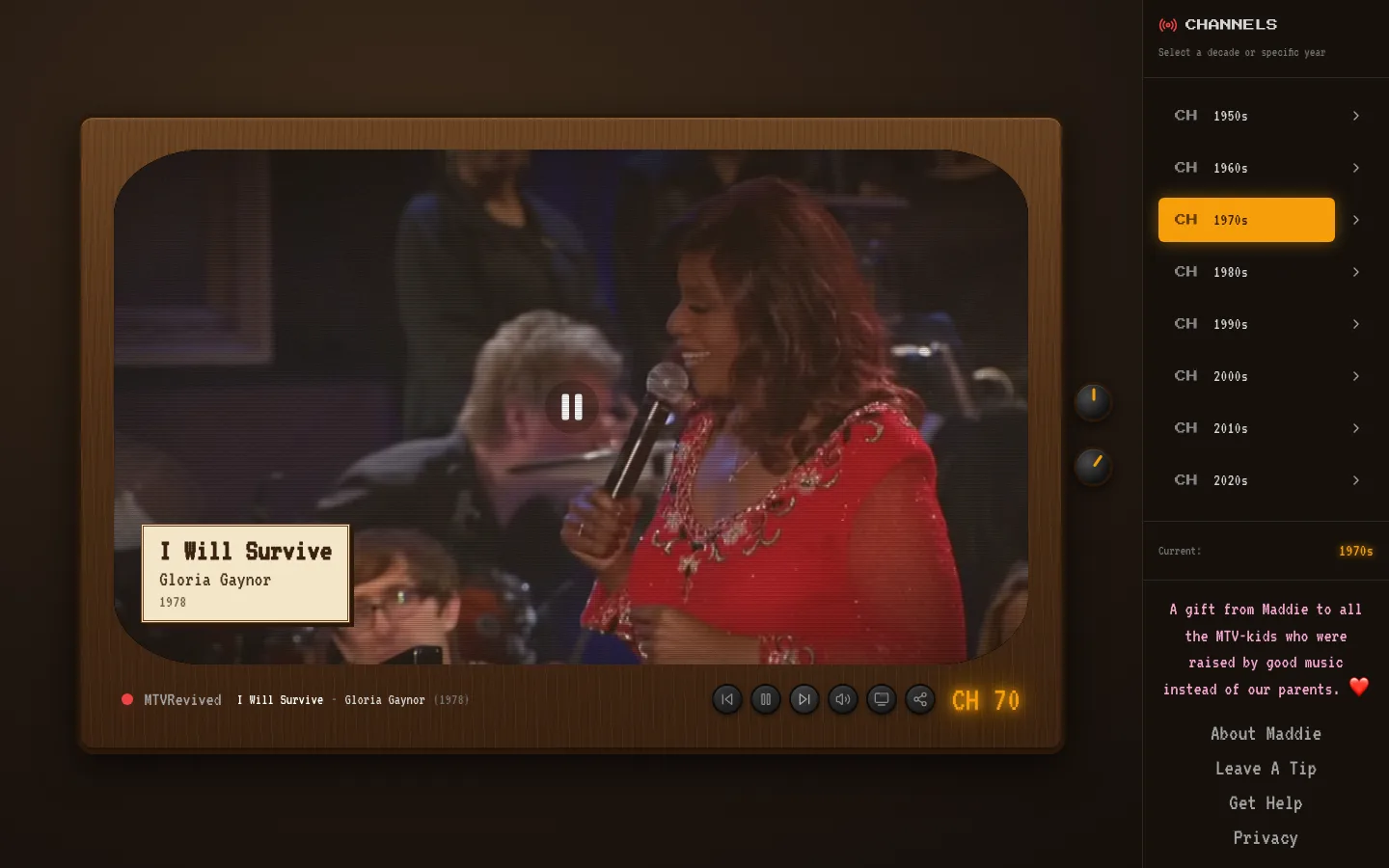 The 1970s channel: a wood-grain console with brass dials beside the screen, playing I Will Survive by Gloria Gaynor, the picture tinted warm amber.
