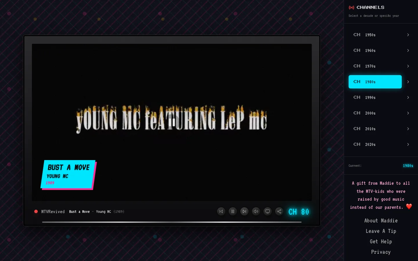 The 1980s channel: a boxy black television against a neon Memphis-pattern wall, playing Bust a Move by Young MC, with a cyan caption card slanted across the corner.