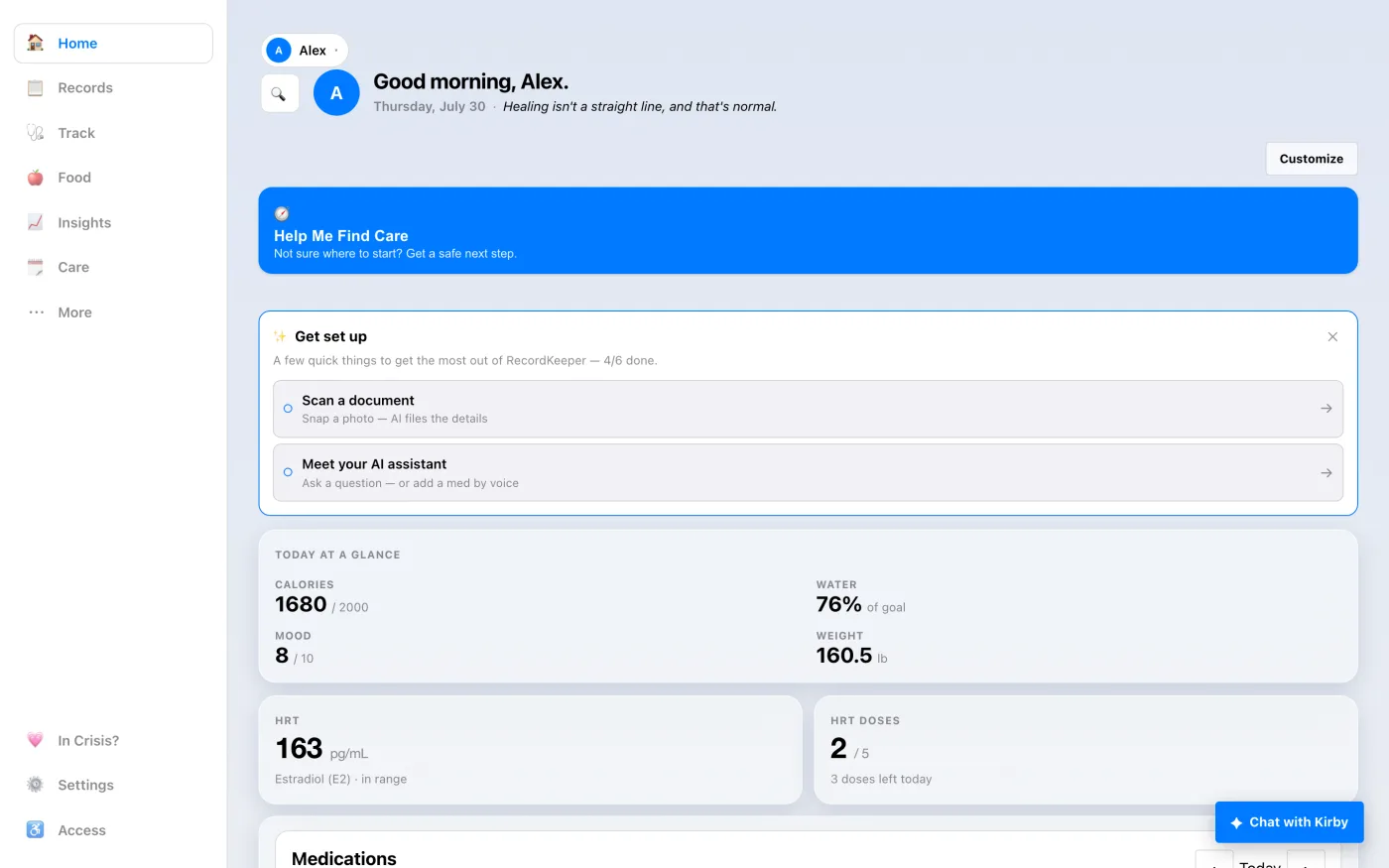 The RecordKeeper dashboard: a greeting, today's calories, water, mood and weight at a glance, and quick links to scan a document or ask a question.