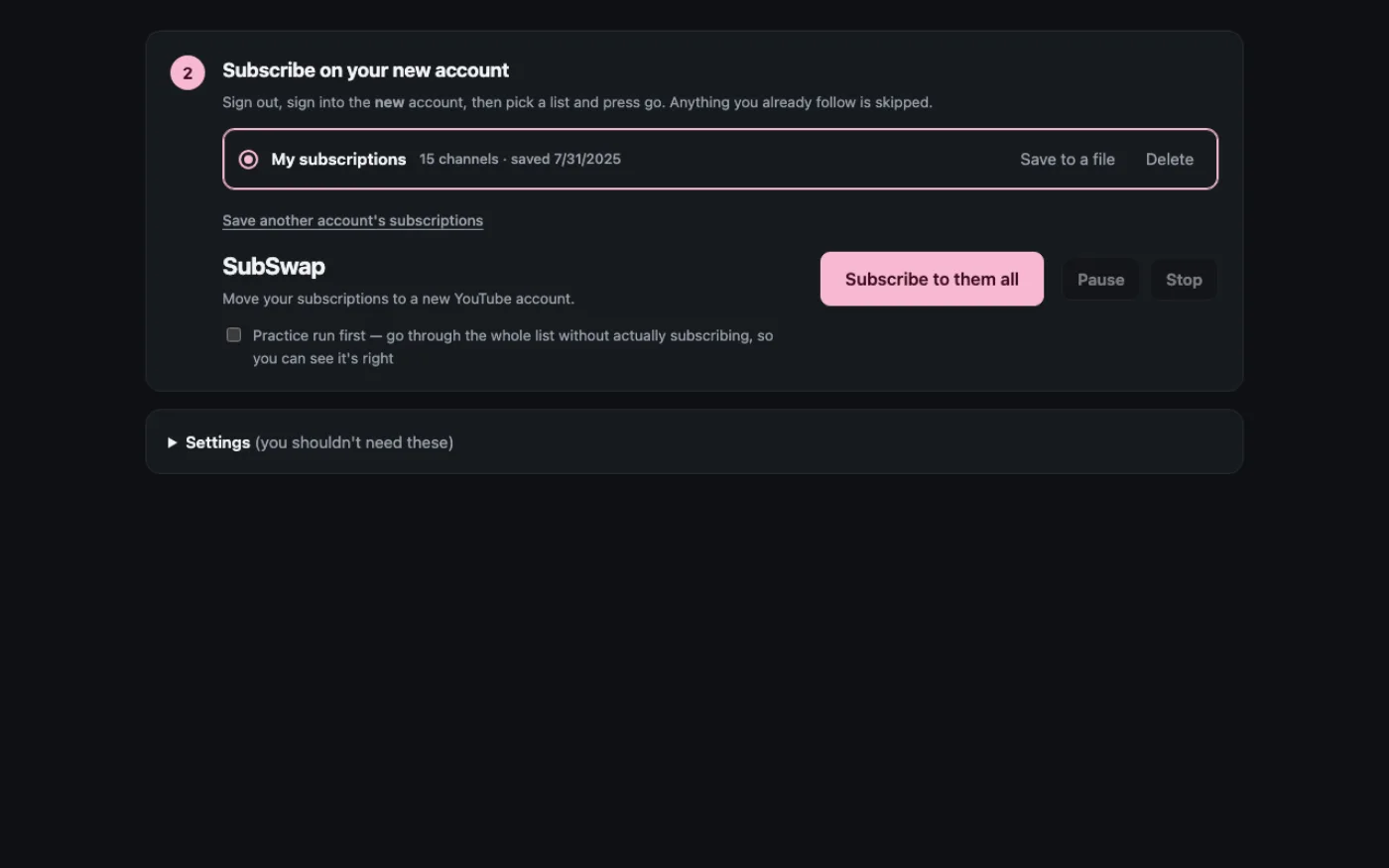 Picking which channels to carry over, each with a checkbox.