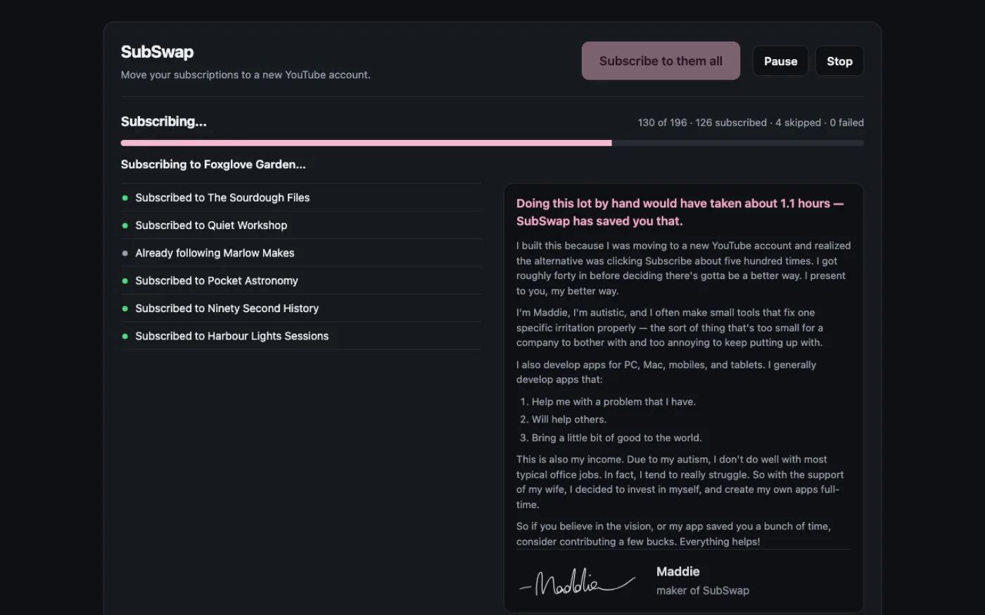 SubSwap working through the list, subscribing to each channel on the new account with a progress count.