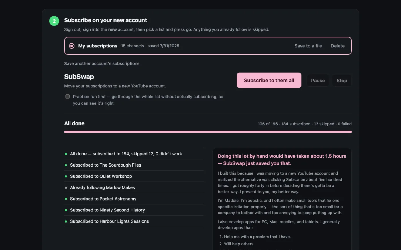 The finished screen: every channel moved, with a short summary of what was done.
