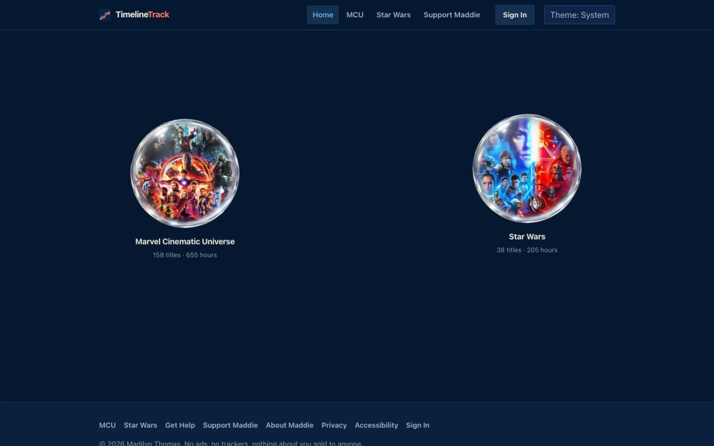 The TimelineTrack home page, offering watch orders for the Marvel Cinematic Universe and Star Wars.
