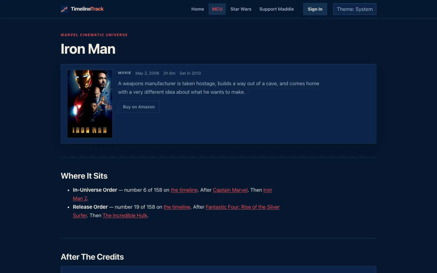 An entry page for Iron Man: where it sits in the timeline, what to watch before and after, and its grade.